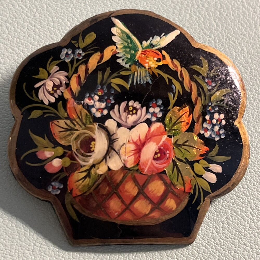Signed RUSSIAN Lacquer Hand Made / Painted Floral Brooch Pin